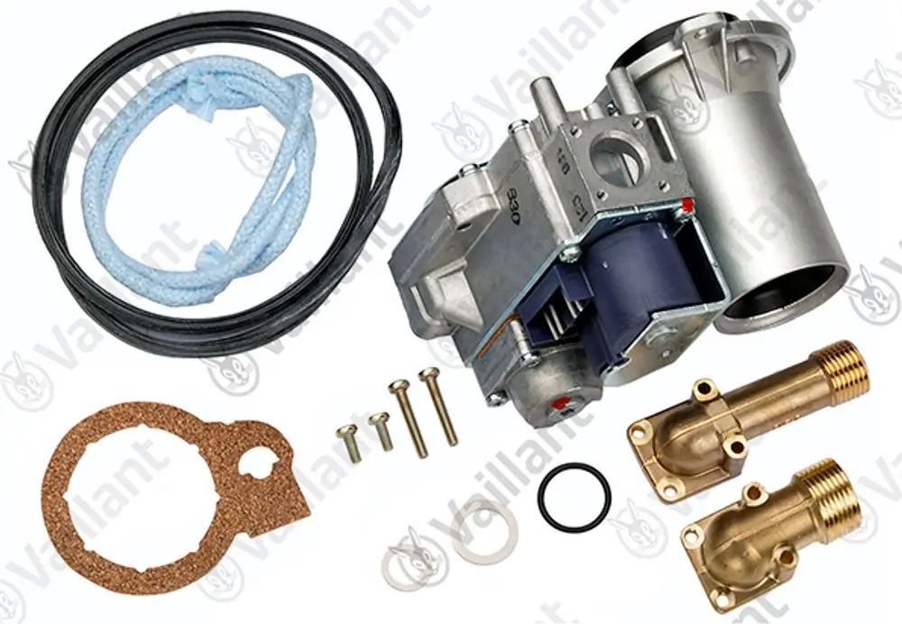 Vaillant Gasarmatur mit verschiedenen Komponenten, einschließlich Motor, Dichtungen und Schrauben, auf einem weißen Hintergrund.